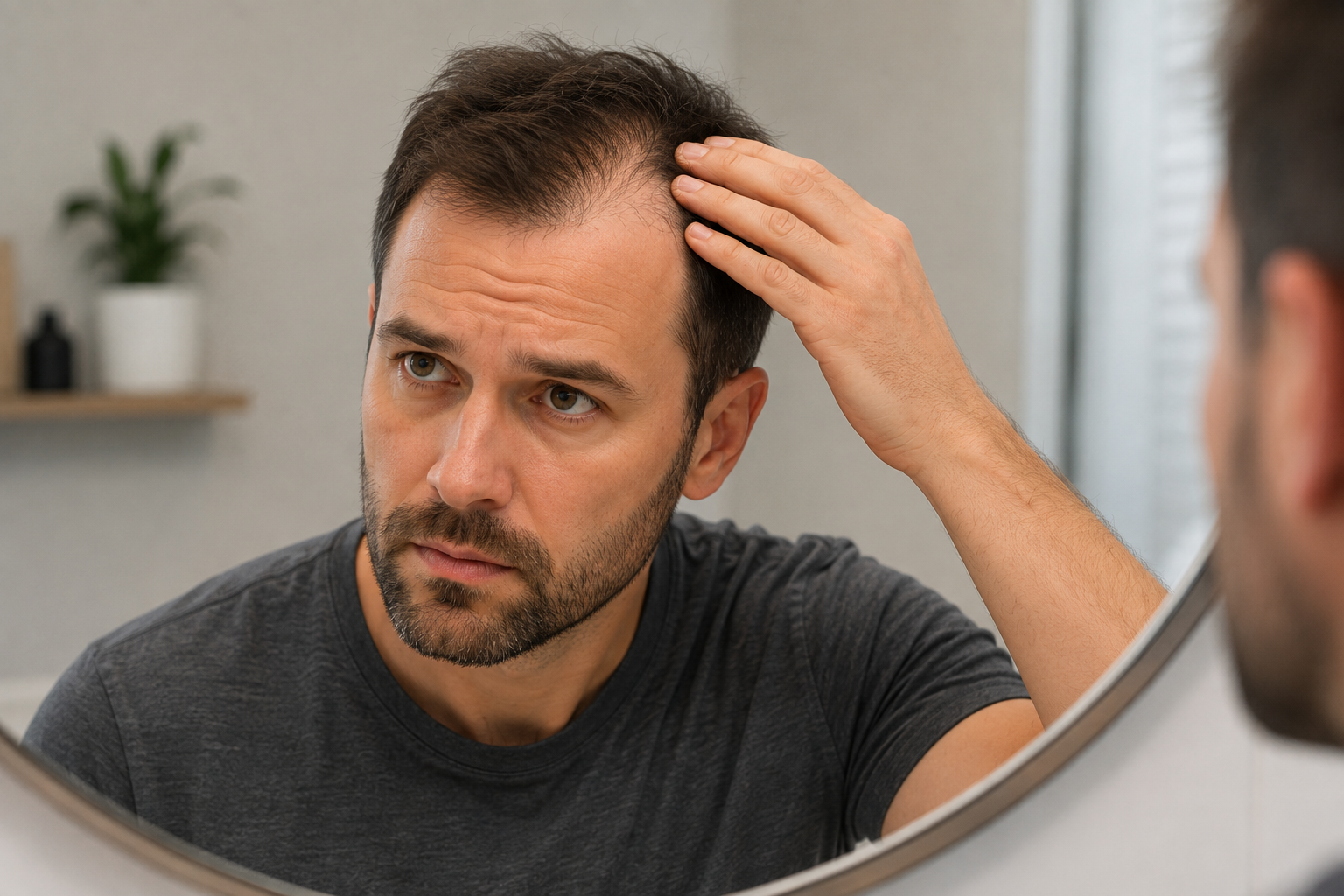 Man examining his receding hairline and thinning hair in a mirror.