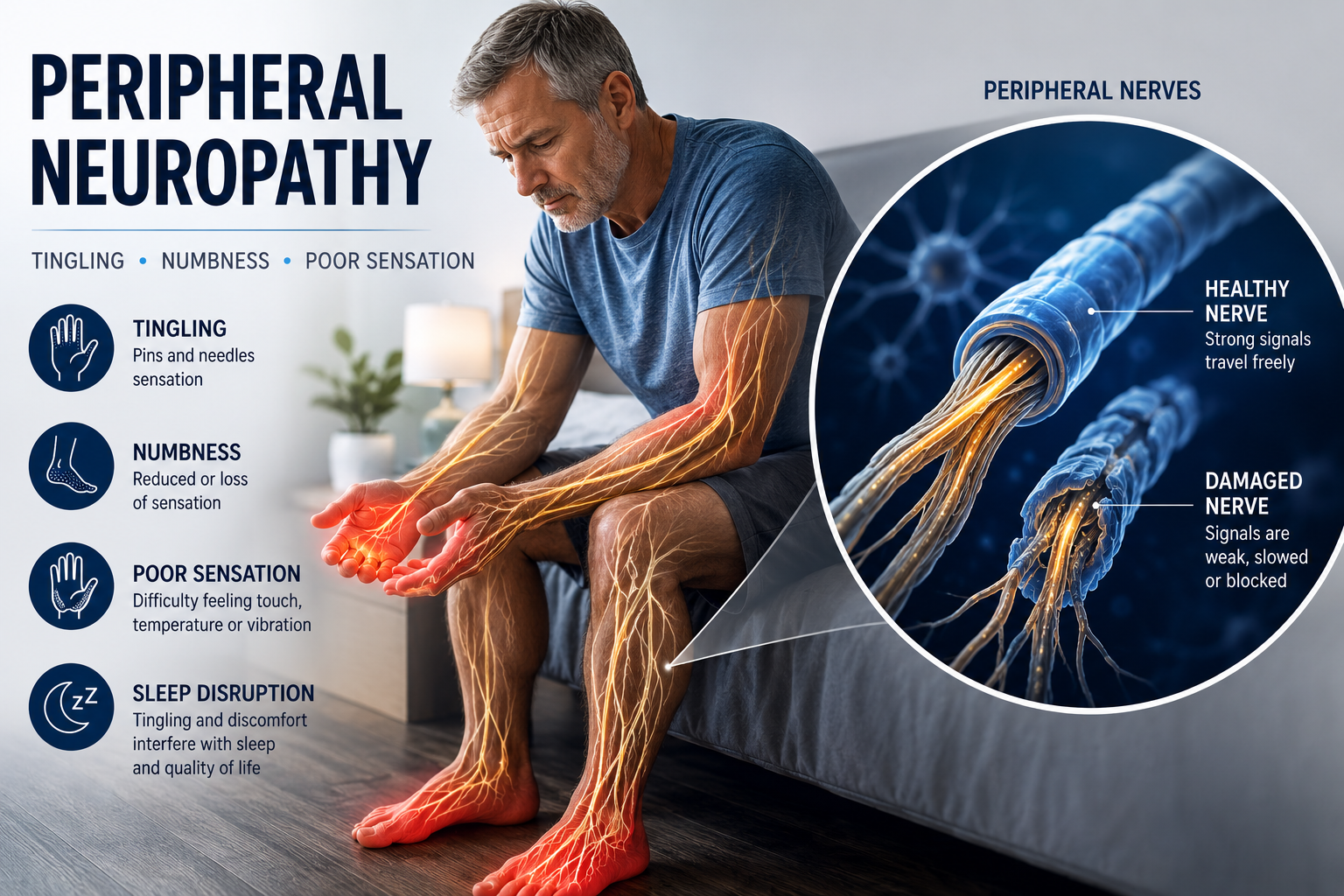Discover how peripheral neuropathy can cause tingling, numbness and poor sensation in the hands and feet, and explore an investigational regenerative approach. 