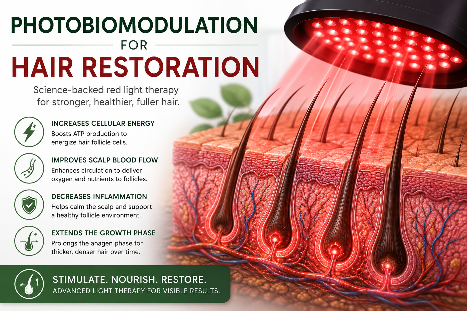 Red light photobiomodulation stimulating hair follicles to increase cellular energy, improve scalp blood flow and support healthier hair growth.
